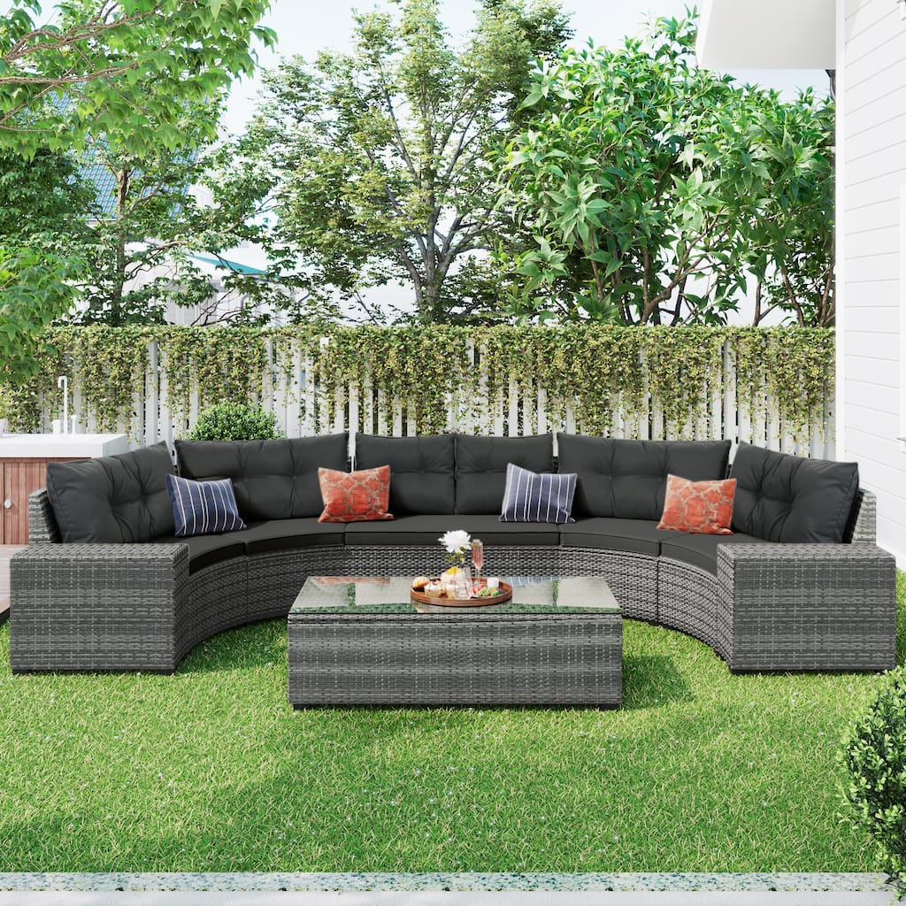 Rattan Modular Sofa Set Semicircular Sectional Sofa Set with Tempered Glass Coffee Tables 8-piece Outdoor Conversation Sets