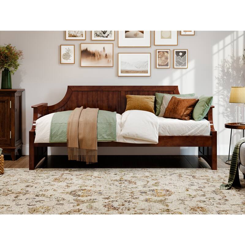 Twin Daybed with Wood Frame - Walnut Finish, Curved Backboard, Day Bed for Living Room or Guest Room