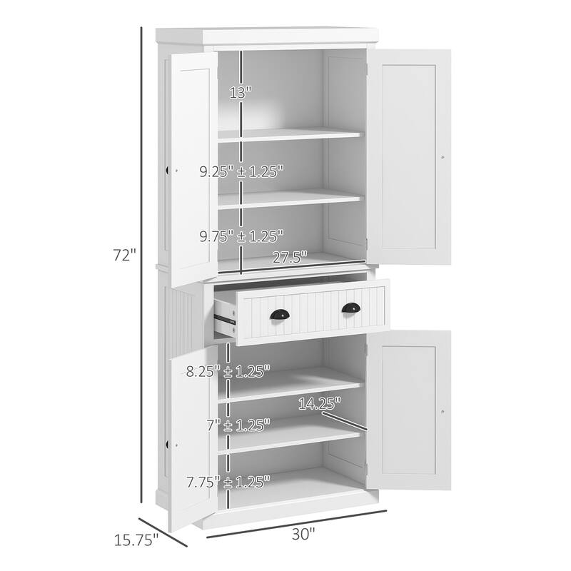 72" Kitchen Pantry Storage Cabinet, Traditional Freestanding Cabinet with 4 Doors and 3 Adjustable Shelves, Large Central Drawer