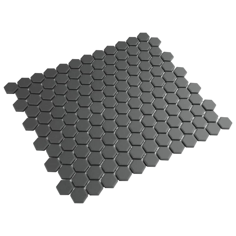 Merola Tile Metropolis 1" Hex Unglazed Black 10-1/4" x 12" Porcelain Mosaic Floor and Wall Tile - Case (10 Tiles)