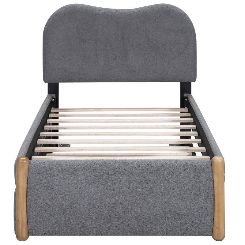 Twin Size Upholstered Platform Bed Frame with Trundle and Wood Supporting Feet, No Box Spring Needed, Bedroom Furniture