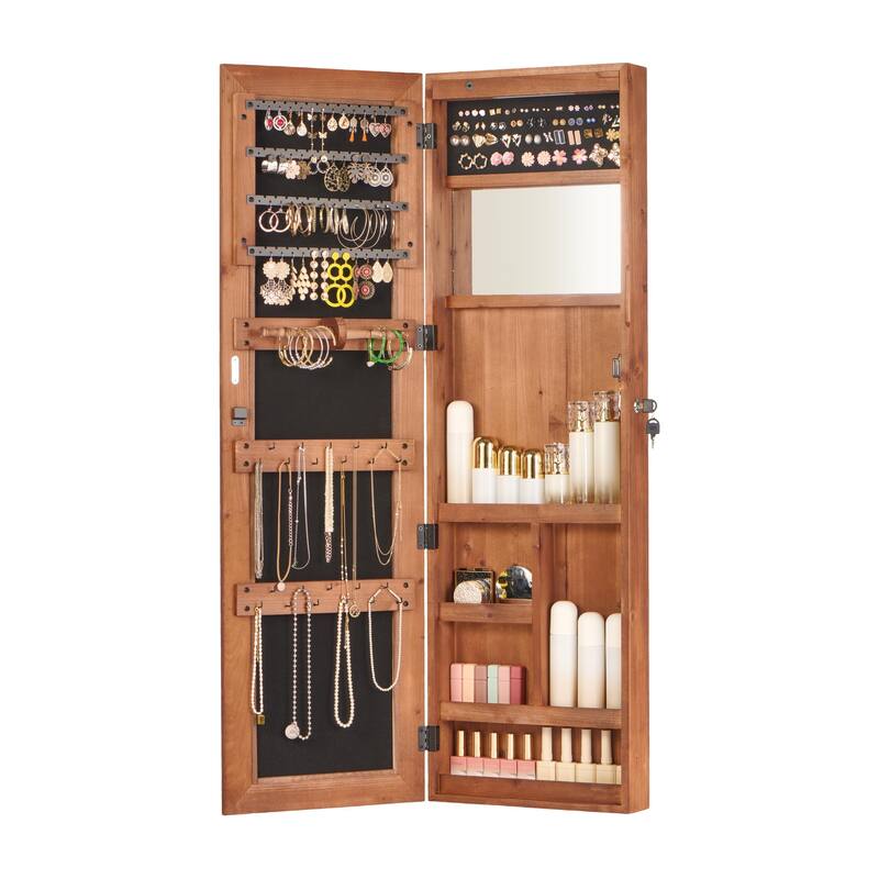Solid Wood Jewelry Armoire Organizer Cabinet with Full-Length Mirror, 47.5x14.3 in Wall-Mounted Lockable with LED Light