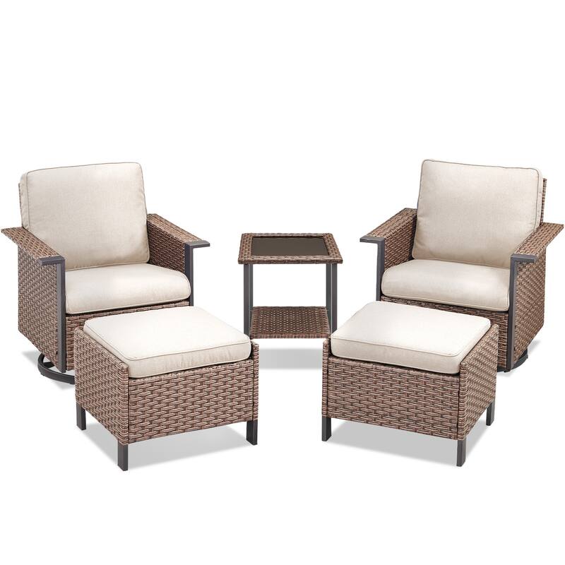 Pocassy Outdoor Wicker 5-Piece Swivel Chair Table with Ottoman