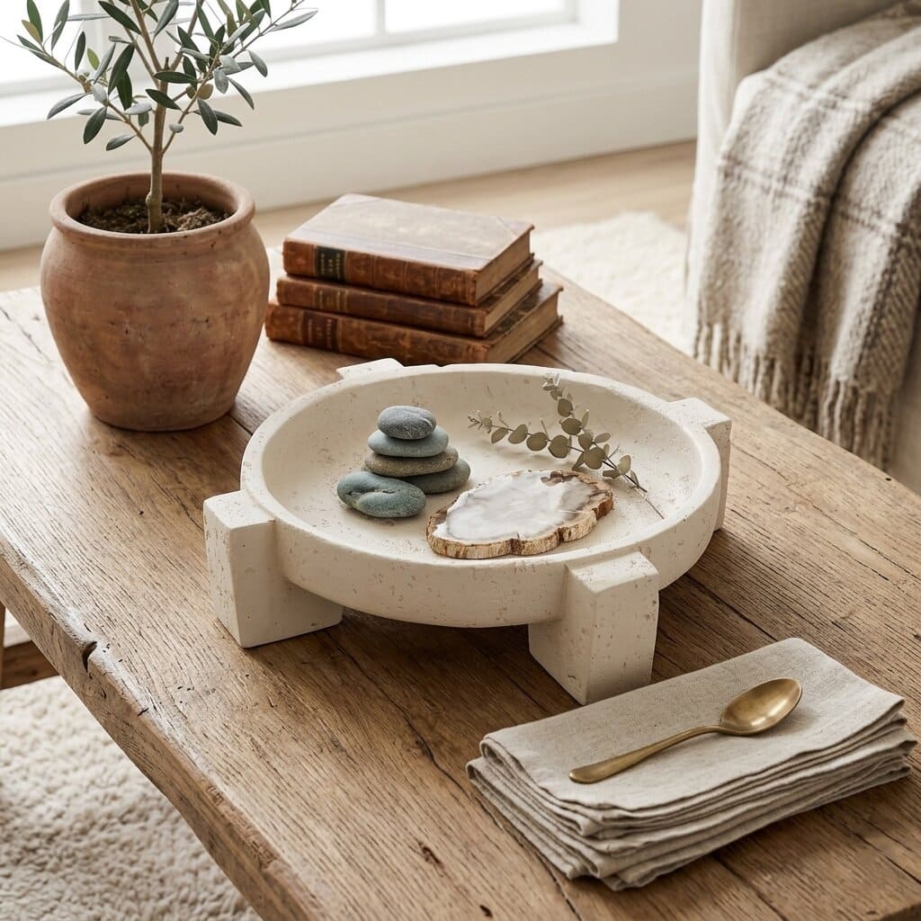 Avice 14.25" Beige Stone Style MGO Decorative Dish on Stand