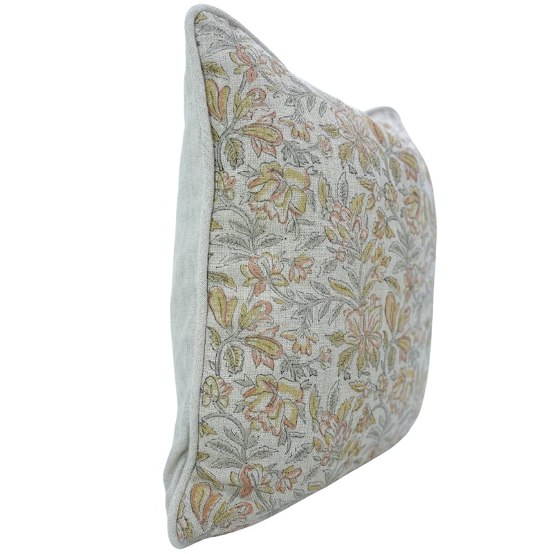 Fabdivine Handmade Floral Block Print Soft Pure Linen Fabric Pipine Pillow Cover Decorative Cushion Case - Pillow Covers - Kudrat- Grey, Brown, Mustard - 12" x 20"