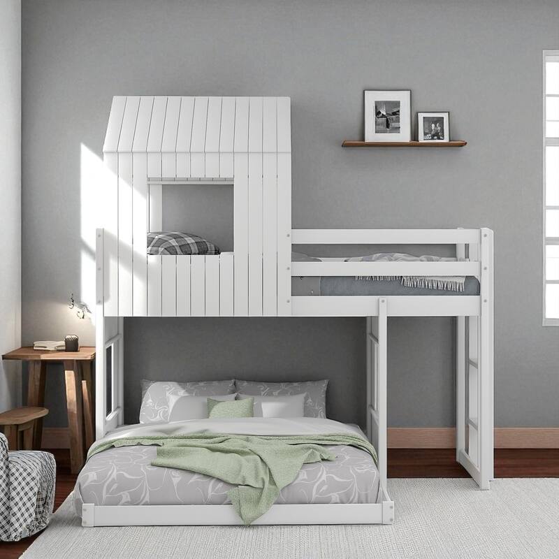 Wooden Twin Over Full Bunk Bed with Playhouse Design, Farmhouse Loft Bed with Ladder and Guardrails - White - Full