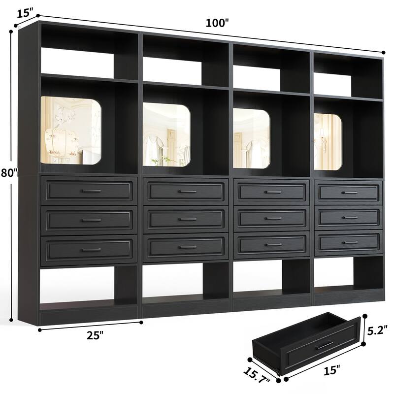 Cimly 25'' Freestanding Closet System with Drawers and Mirror, Display Shelves Organizer with Shelving