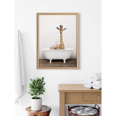 Kate and Laurel Blake Giraffe Tub Framed Printed Glass by Amy Peterson