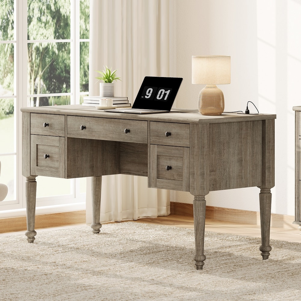 56'' Farmhouse Executive Desk with Drawers White/Oak - 5 Drawers and 2 Doors