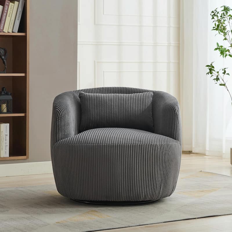 34.25" Wide Upholstered Corduroy 360° Swivel Barrel Soft Accent Chair with Pillow - Charcoal