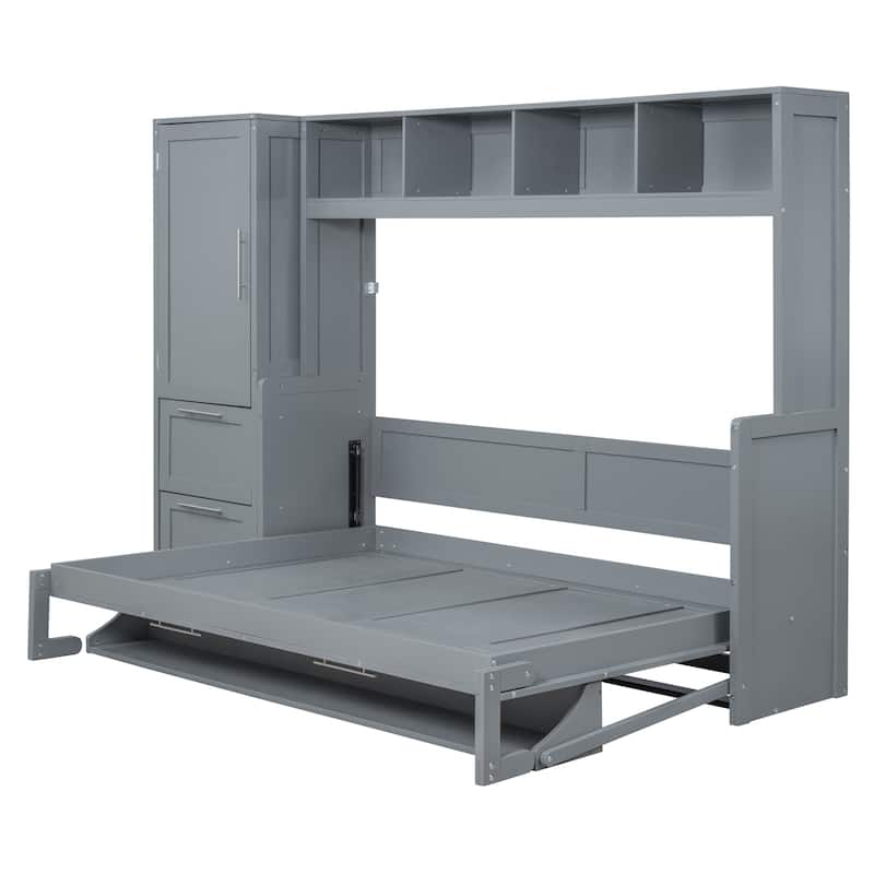 Full Size Murphy Bed Wall Bed with Closet and Drawers, White/Gray