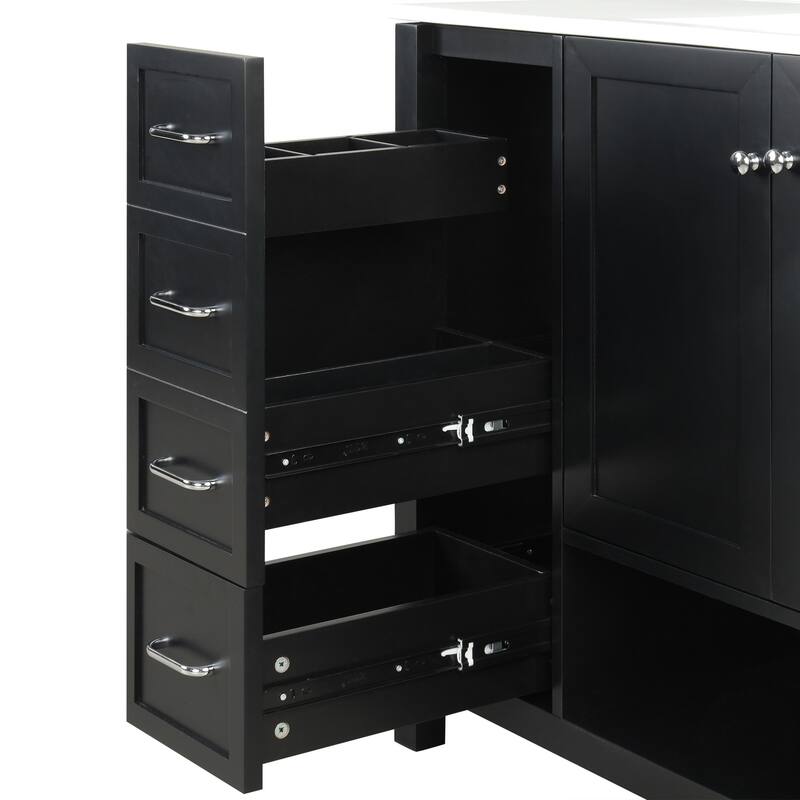 Freestanding Storage Cabinet Bathroom Vanity with Drop-In Sink, Ceramic Top, 2 Doors, 2 Drawers and Open Shelf