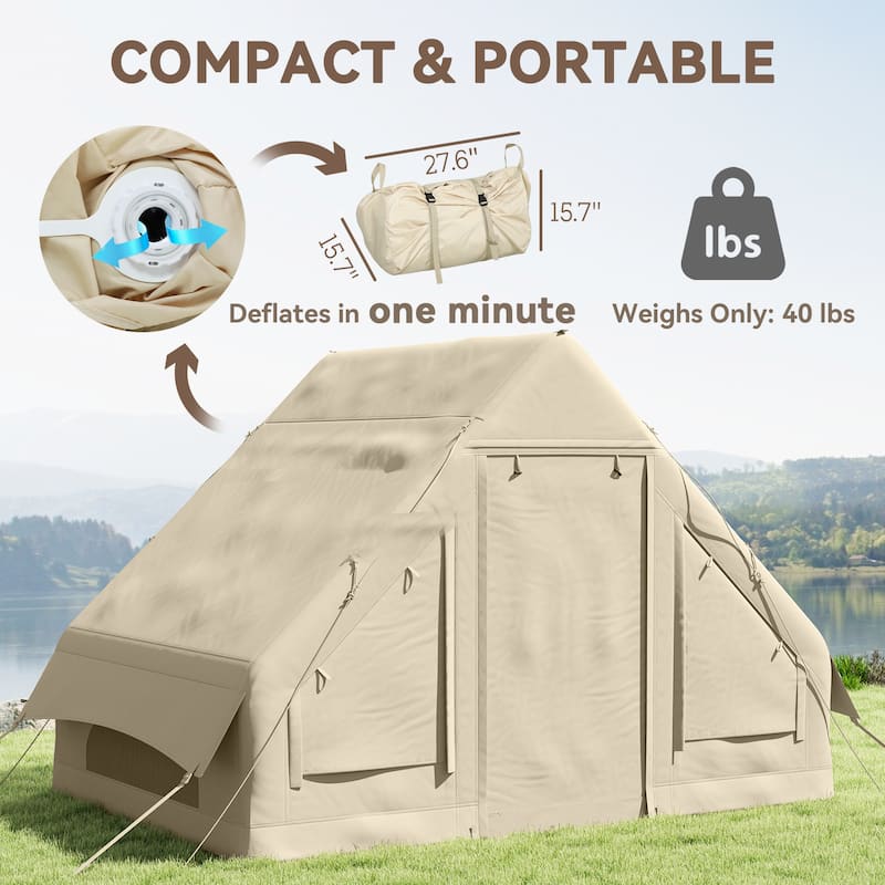 Sand Oxford Fabric Inflatable Camping Tent with Pump and Carry Bag - 118.1" L x 78.7" W x 78.7" H