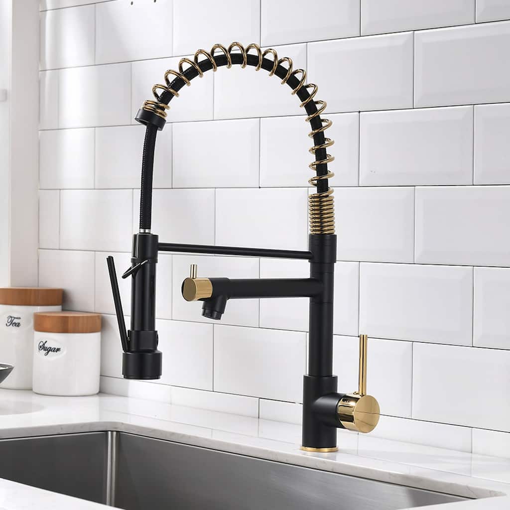 Double Handle Black Gold Deck Mount Kitchen Faucet - 9.25 inch*19.37 inch
