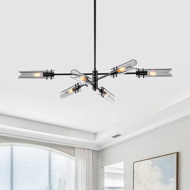 6-Light Modern Branch Chandelier 2-in-1 Curved Smoke Glass Panels - Dia.47.24-in