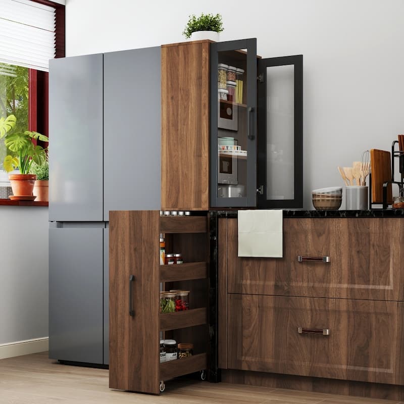 Modern Wooden Bookshelf Display Storage Cabinet with Multi-tier Shelves and 2 Glass Doors
