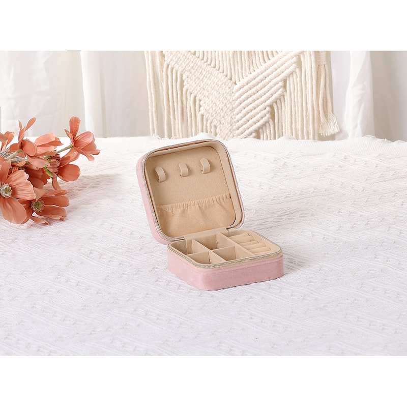 Travel Jewelry Box for Women Girls Gifts, Small Portable Plush Velvet Jewelry Organizer Case Storage Display Holder - 10x10x5cm