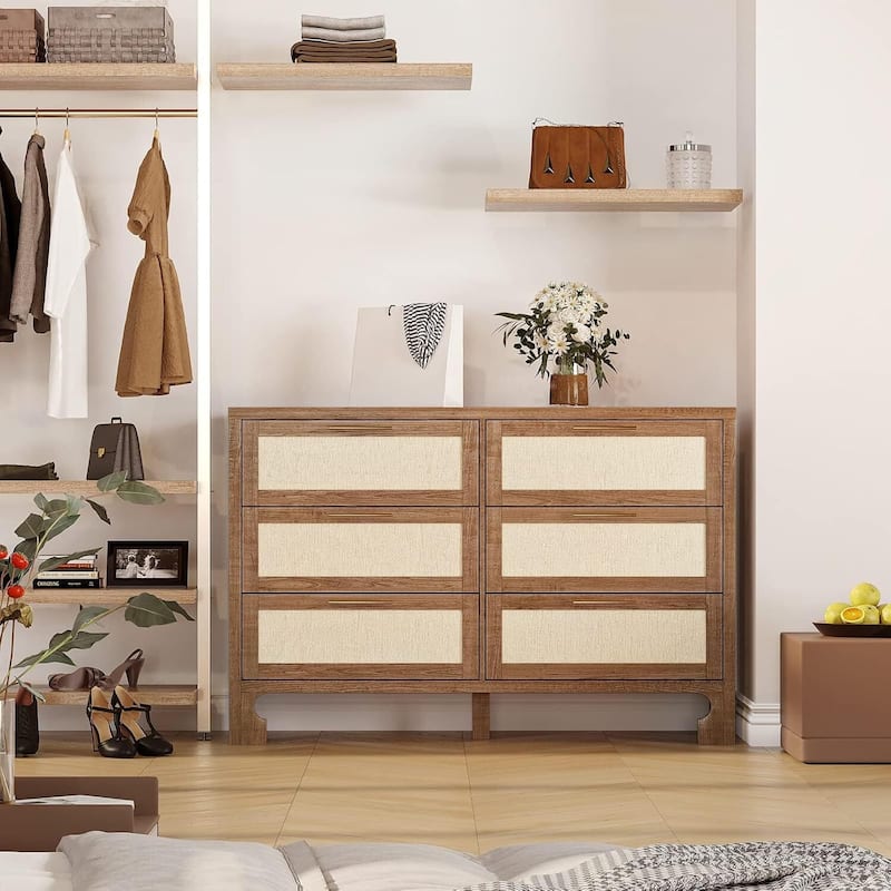 GAOMON 6 Drawers for Bedroom,Farmhouse Burlap Wide Closet Dressers Chest of Drawers