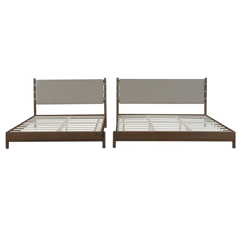 King Size Platform Bed Frame with Headboard, Walnut & Light Grey, Mid Century Modern Design