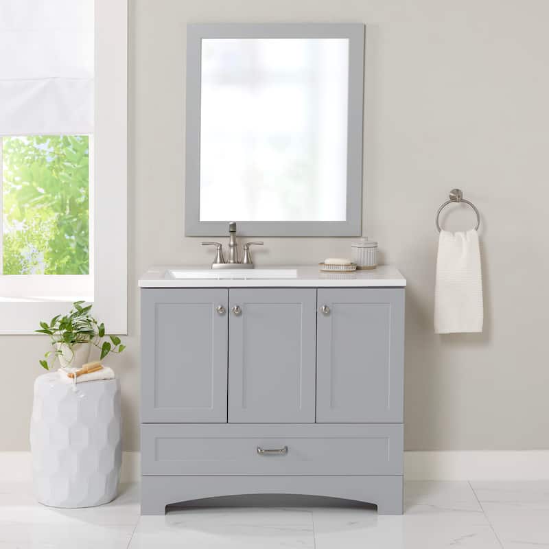 Spring Mill Cabinets Emlyn 36.5" Bathroom Vanity With Shelves, Drawer, and White Sink Top