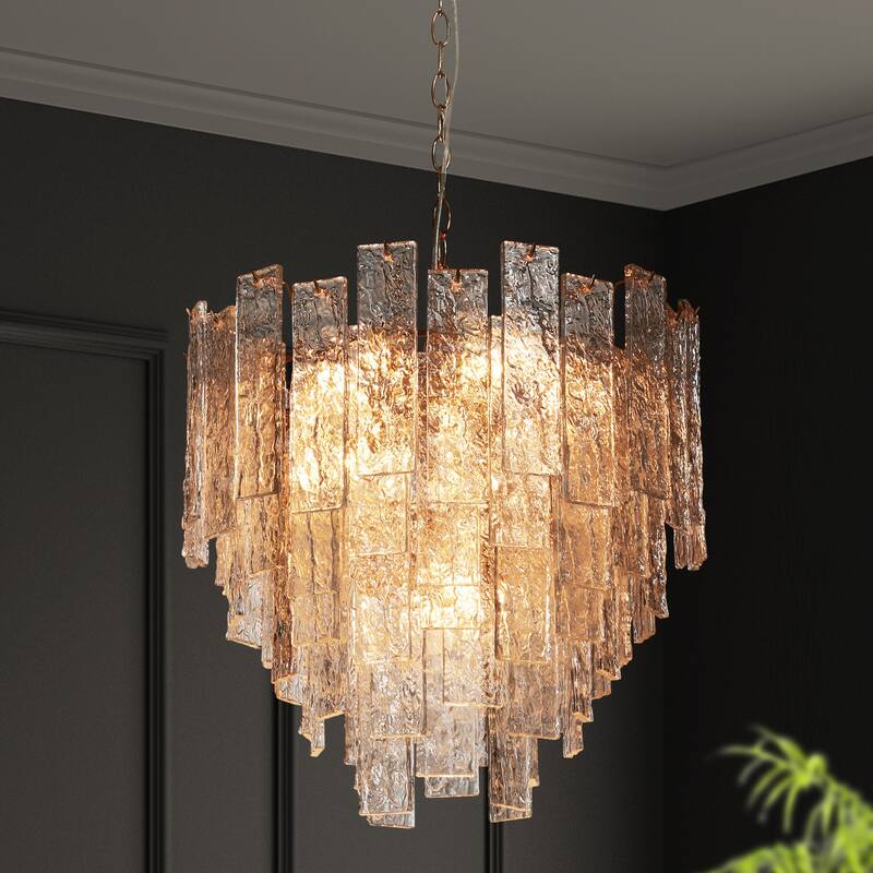 Elver Modern Gold 8-Light Glacier Chandelier Hammered Art Glass Strips for Dining Room Foyer Bedroom