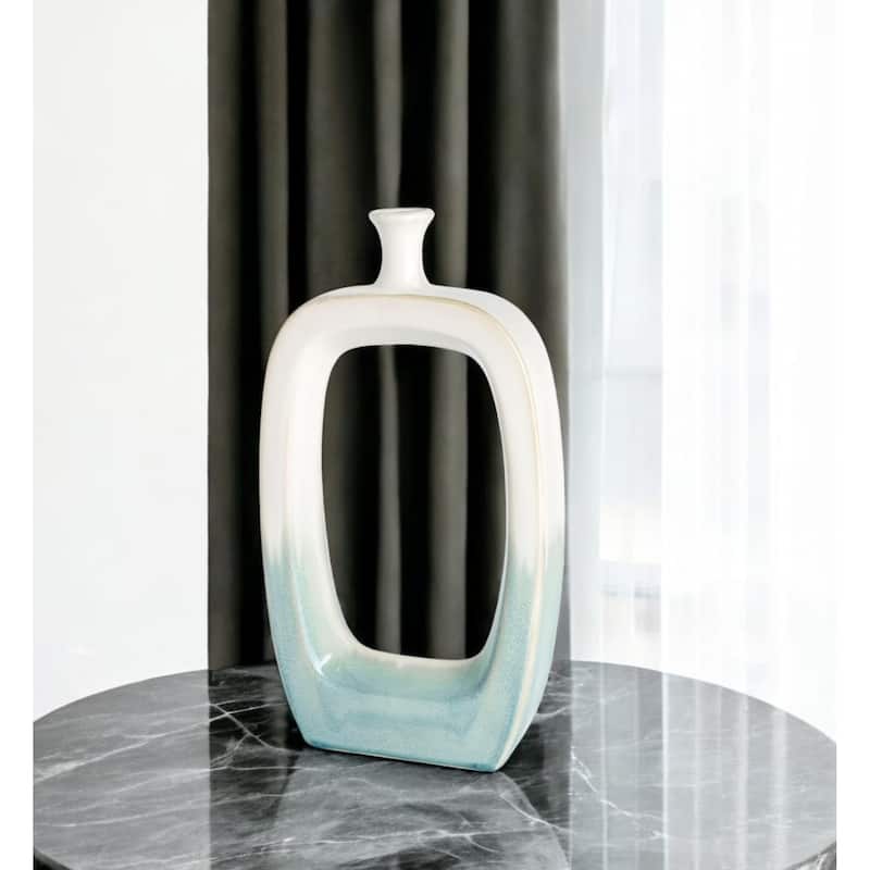18" Aqua And White Ombre Ceramic Table Vase - 10 - White/Aqua - 10