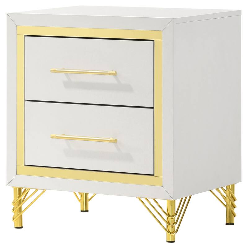 White 2-Drawer Nightstand with Gold Trim