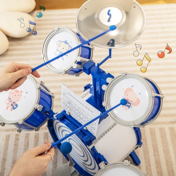 slide 2 of 9, Kids Drum Set Educational Percussion Musical Instrument Toy with Bass Drum - 26" x 14" x 25.5" Kids