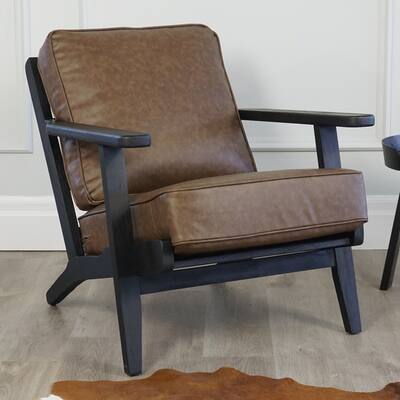 Clara Black Solid Wood Leather Accent Rustic Coastal Lounge Chair