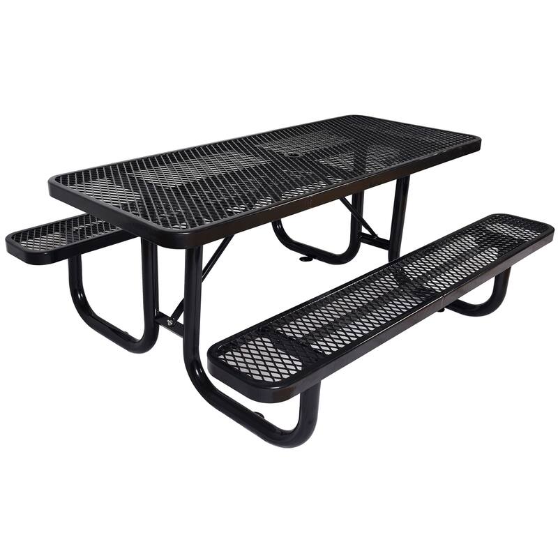 6FT Rectangular Outdoor Steel Picnic Table, Blue, with Umbrella Hole - Black