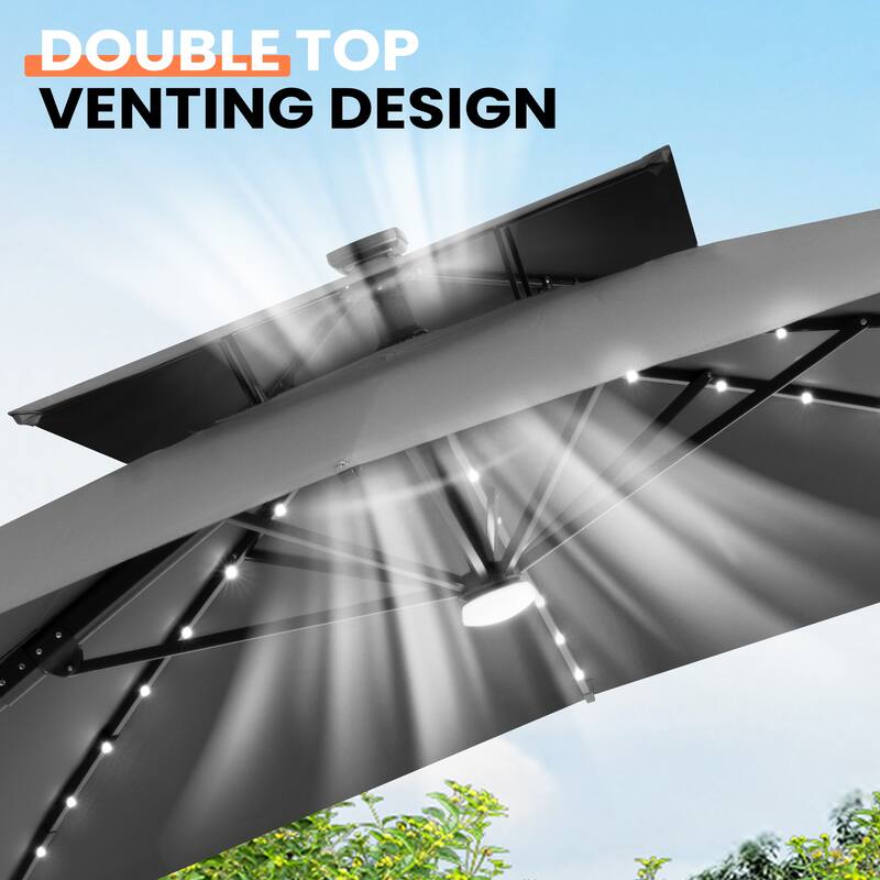 12 x 9 FT Outdoor Patio Aluminum Cantilever Umbrella with Solar Lights Double Canopy with Base
