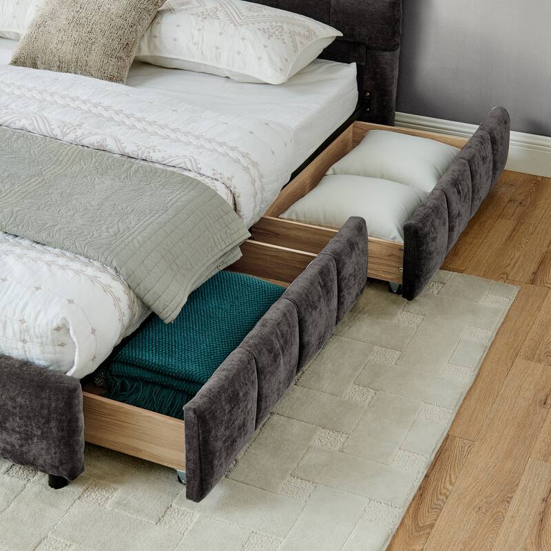 Block Thick Chenille Low Profile Platform Bed Fabric Upholstered Bedframe with Headboard Solid Wood Frame - Optional Storage Bed