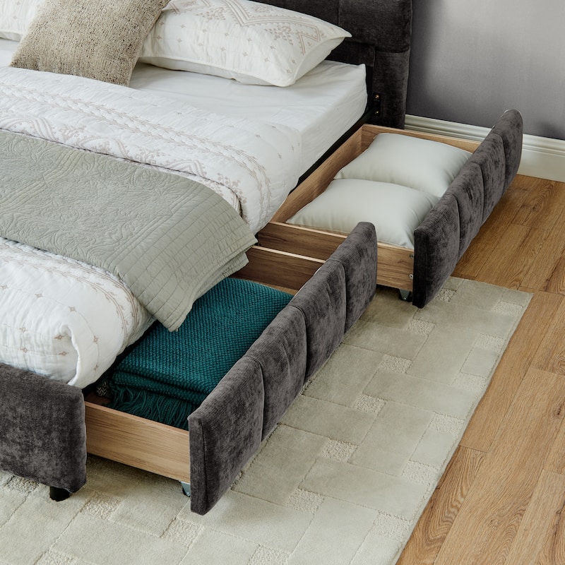 King Size Size Platform Bed with Chenille Fabric, Soft Headboard, Built-in Storage Drawers, and Elegant Design