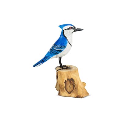 Wood Blue Jay Figurine - Hand Carved Songbird Sculpture, Nature Inspired Bird Decor - 7.5" tall x 5" wide x 3" deep