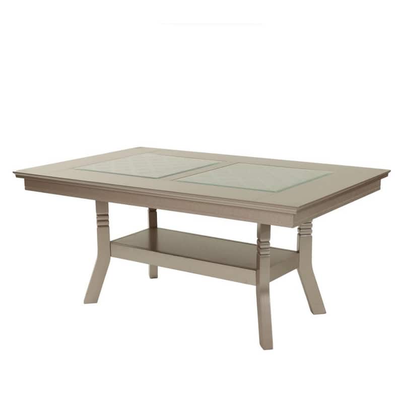 Teme 66 Inch Dining Table, Glass Top, Lower Shelf, Beige Rubberwood