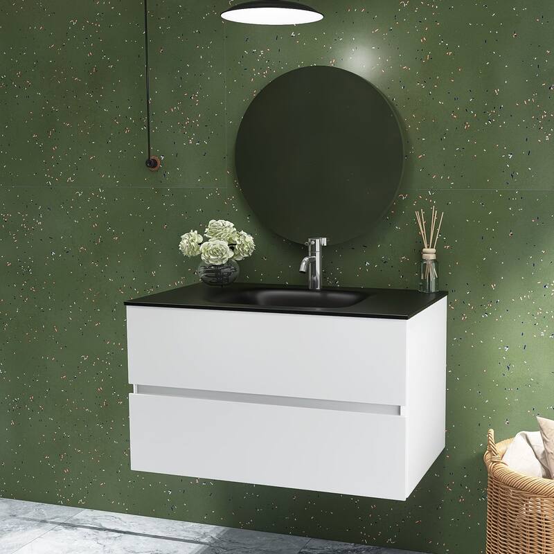 Wall-Mounted Bathroom Vanity Set in White with Black Quartz Top and Integrated Sink