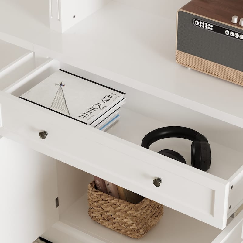 102.4" Large 6-Door Bookshelf w/Drawers Solid Pine Top Display Bookcase Bronze Handles White Storage Cabinet