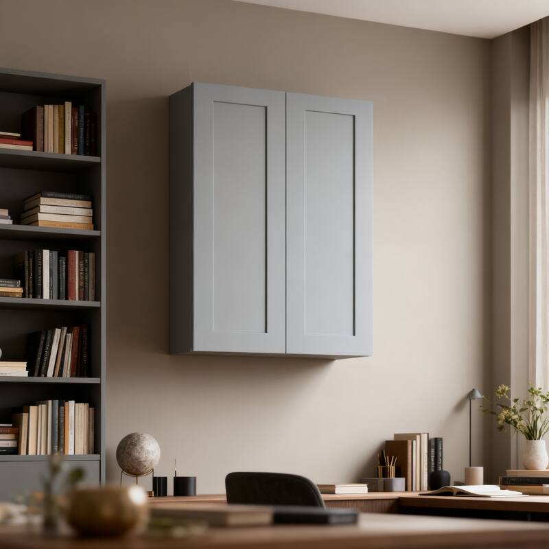 Gray Shaker Solid Wood Wall Cabinet with Soft-Close Doors, Adjustable Shelves, 36" Double Door Storage for Kitchen - Gray