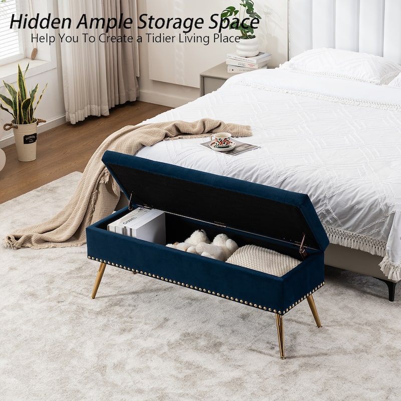 Velvet Storage Ottoman Bench with gold legs and Nailhead Trim for Bedroom/End of Bed/Entryway/Window