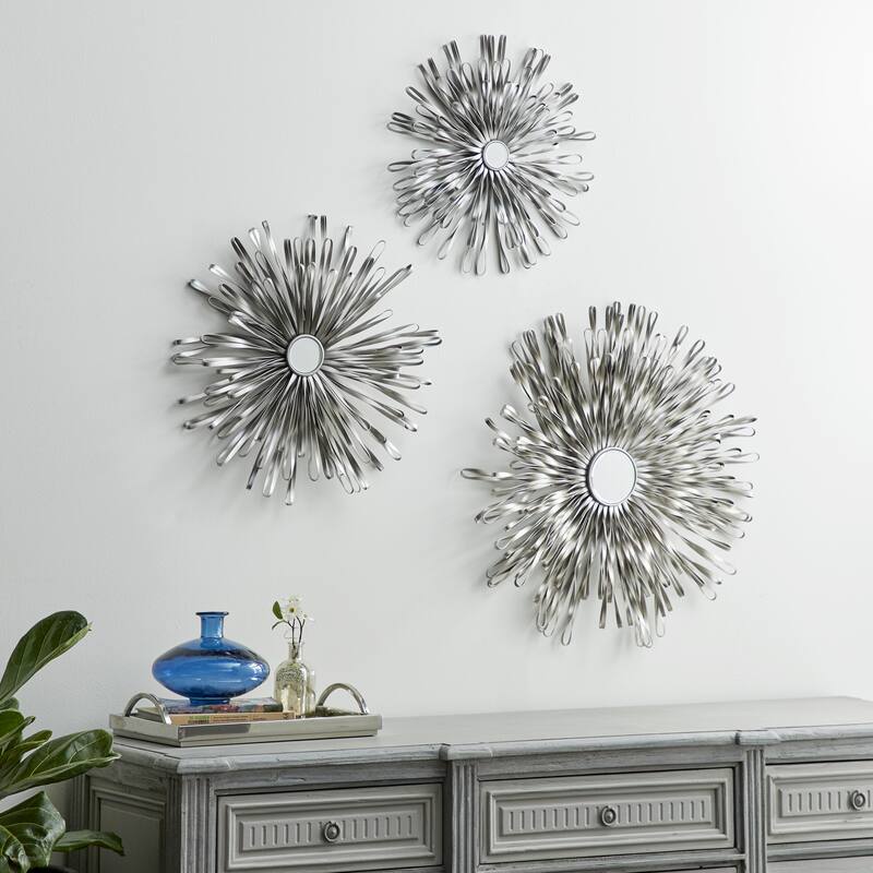 Metal 3D Looped Sunburst Wall Decor with Mirrored Center (Set of 3) - Silver or Gold