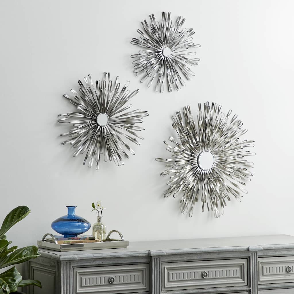 Metal 3D Looped Sunburst Wall Decor with Mirrored Center (Set of 3) - Silver or Gold
