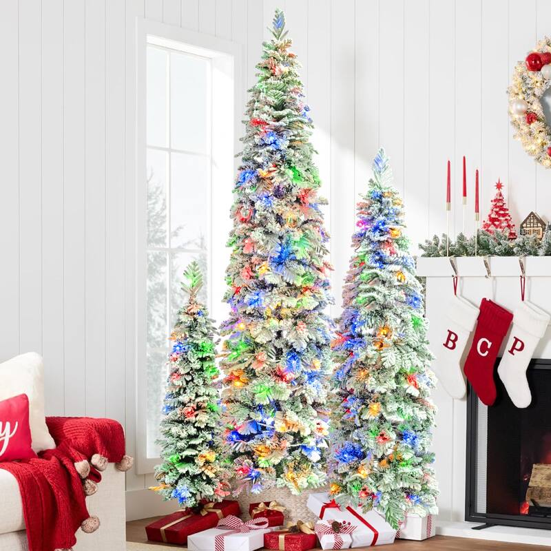 8FT, 6FT, 4FT Pre-Lit Pencil Christmas Trees, Set of 3 Flocked Fir Slim Christmas Trees, 290 LED Lights with 11 Lighting Modes - White+Green