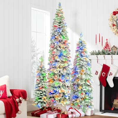 8FT, 6FT, 4FT Pre-Lit Pencil Christmas Trees, Set of 3 Flocked Fir Slim Christmas Trees, 290 LED Lights with 11 Lighting Modes