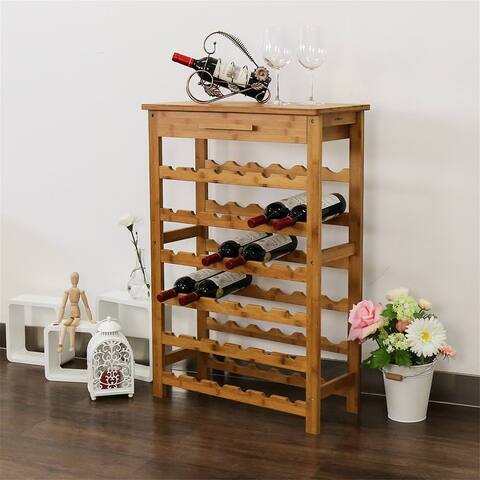 Kinbor 28/36 Bottle Bamboo Wine Display Storage Rack Free Standing Wine Display Shelf w/ Countertop