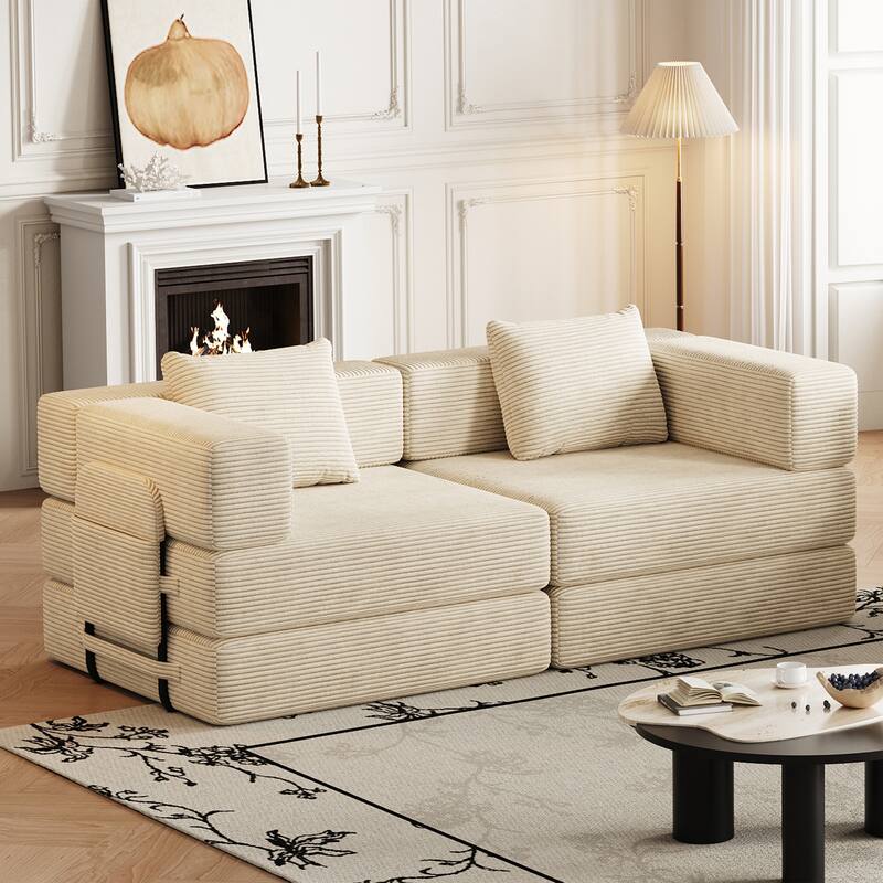 Folding Loveseat Sofa Convertible Sleeper Sofa Bed, Floor Standing Couch Bed Corduroy Floor Mats with Side Pockets and Pillows
