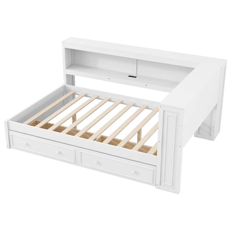 Full Size Wood Daybed with Storage Shelves, USB Ports, LED Lights & 2 Drawers by Harper&Bright Designs