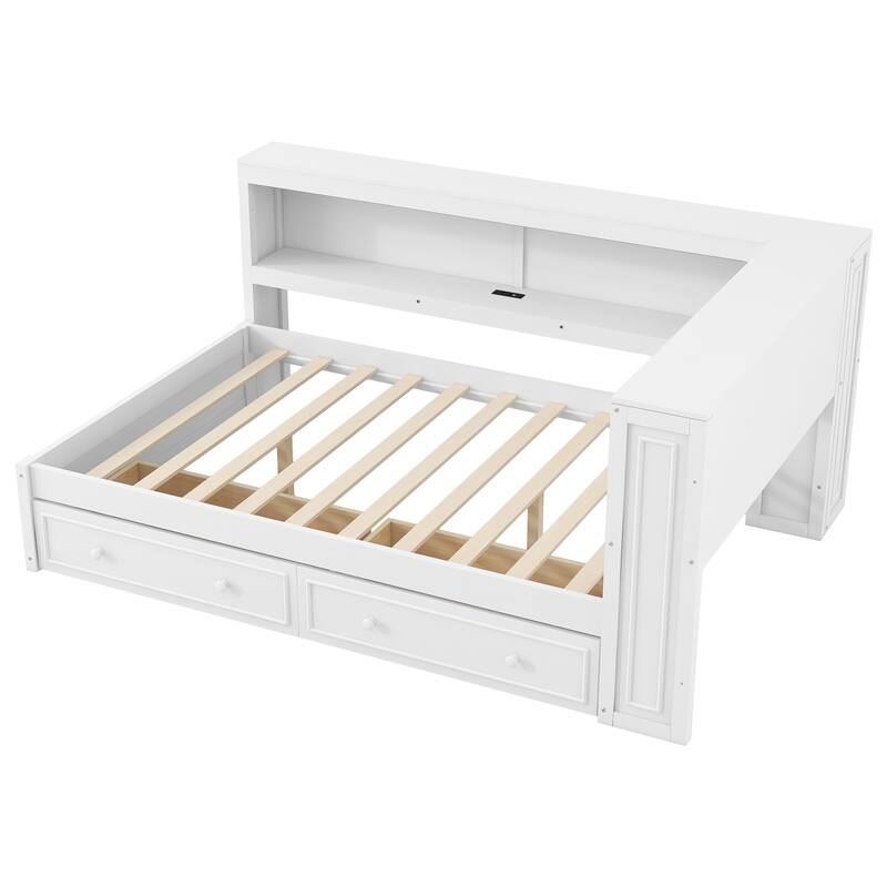 Roomfitters Full Size Wood Daybed with LED Lights, USB Ports and 2 Drawers