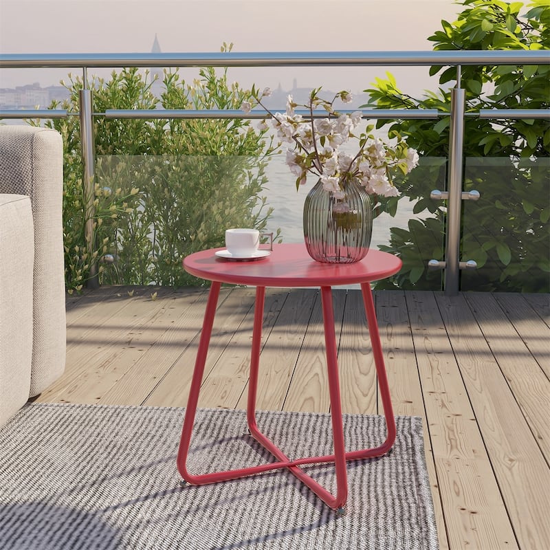 Patio Side Tables for Outside, Small End Table Accent Table Metal Round for Deck Garden Porch Balcony Yard Lawn - φ17.7" - Dark Red