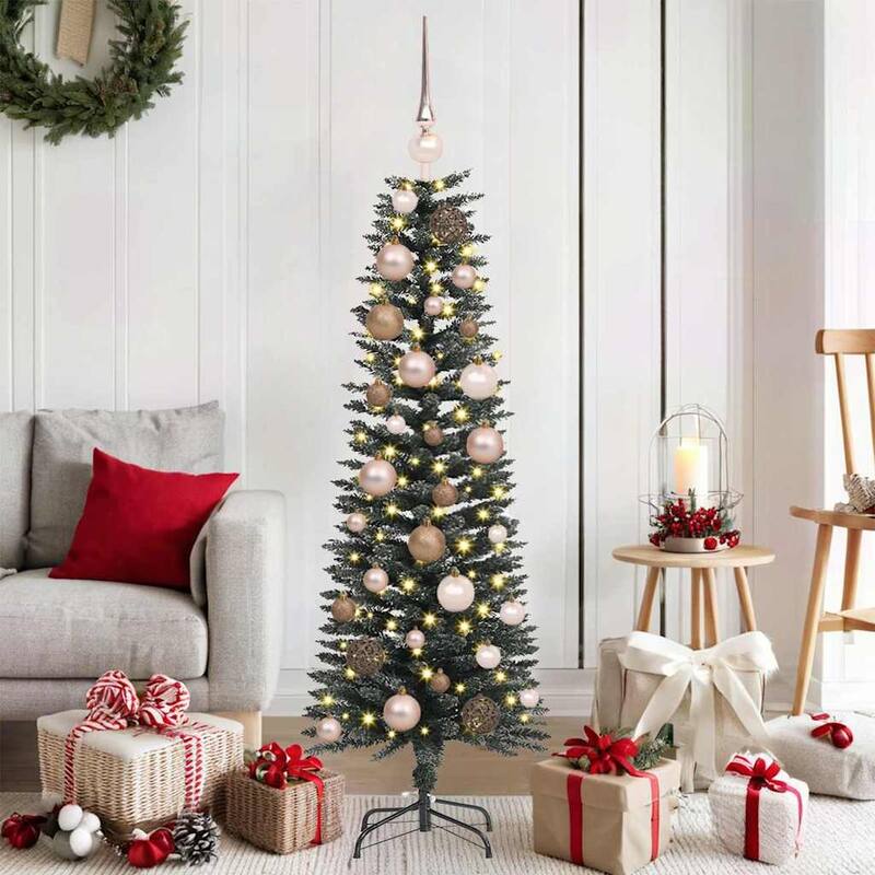 vidaXL Artificial Christmas Tree with Stand Green 40.5 x 40.5 x 120 cm - 40.5 x 40.5 x 120 - Green with LEDs & rose gold balls (2)