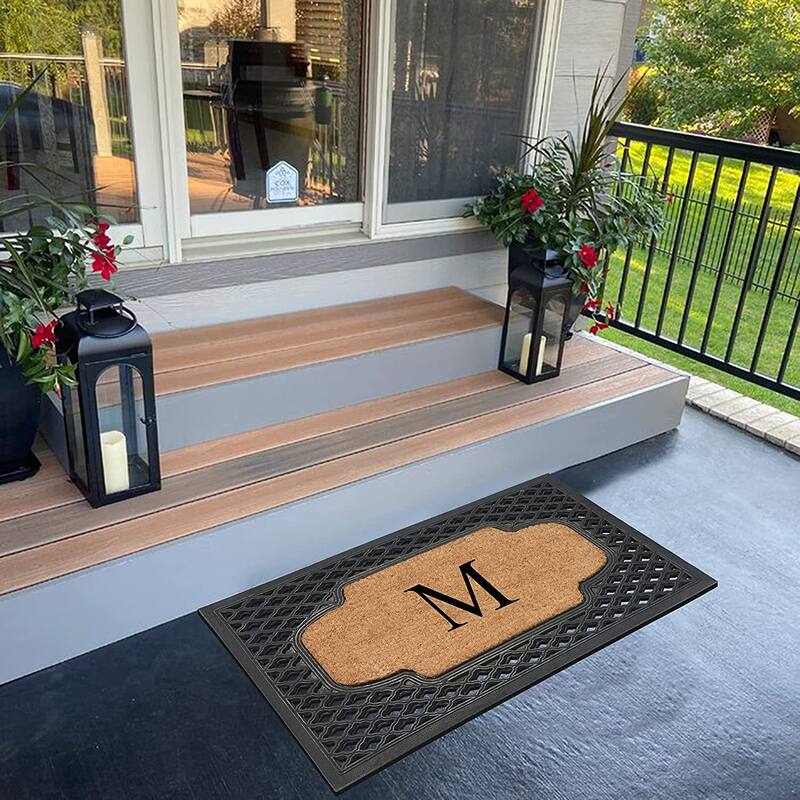 A1HC Mesh Border Rubber and Coir Large Heavy-Duty Outdoor Monogrammed Doormat, 23"X38" Black
